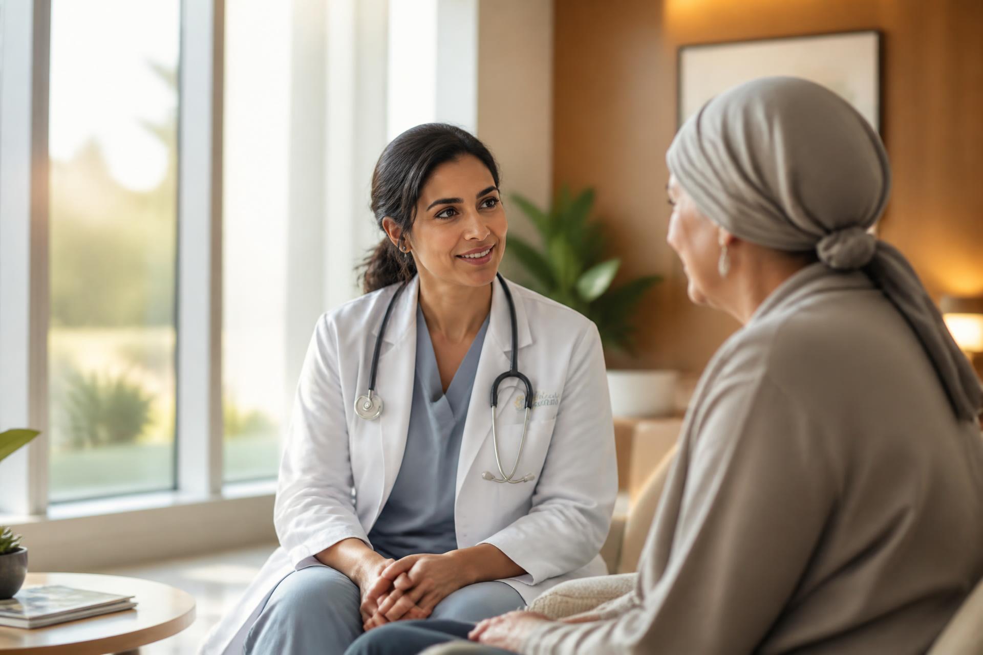Oncologist sitting with a patient in a sunlit consultation room